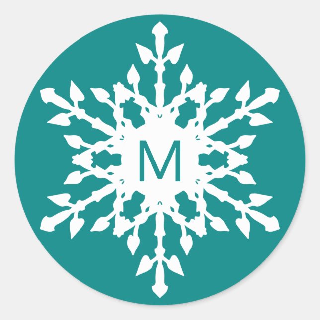 Sticker Rond Flocon de neige blanc monogramme sur Turquoise (Devant)