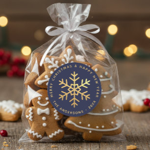 Sticker Rond Flocon de neige bleu marine Faux or Élégant Noël 