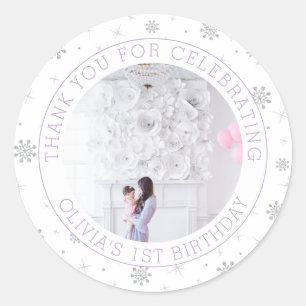 Sticker Rond Flocon de neige d'argent et violet 1er anniversair