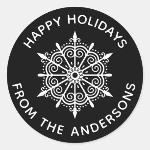 Sticker Rond Flocon de neige Élégant noir blanc hiver Noël