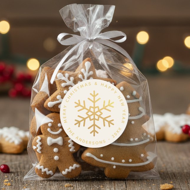 Sticker Rond Flocon de neige Faux Or Joyeux Noël Bonne Année (Créateur téléchargé)