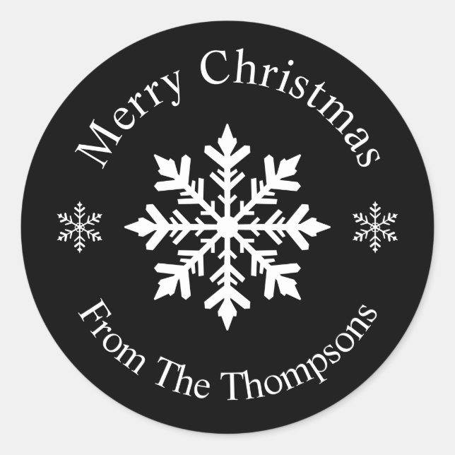 Sticker Rond Flocon de neige noir et blanc Joyeux Noël Moderne (Devant)