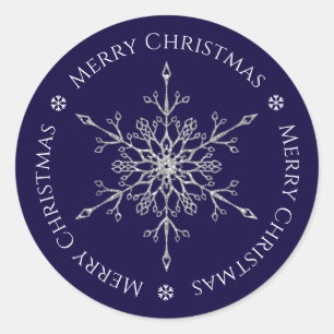 Sticker Rond Flocon de neige pailleté argent Joyeux Noël Bleu m