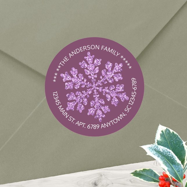 Sticker Rond Flocon de neige Prune Brillant Chic Rustique Perso (Plum purple round stickers with your name and address in white can be used as envelope seals too)