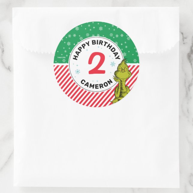 Sticker Rond Flocon de neige rouge et vert Grinch Anniversaire (Sac)