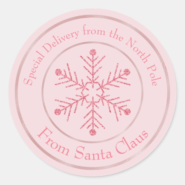 Sticker Rond Flocon de neige scintillant rose de Père Noël (Devant)