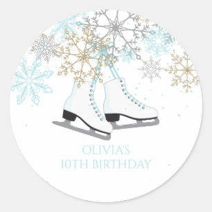 Sticker Rond Flocons de neige de patinage sur glace bleu et or