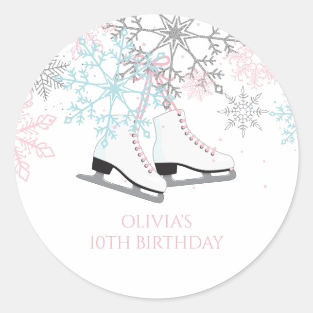 Sticker Rond Flocons de neige de patinage sur glace rose bleu p (Devant)
