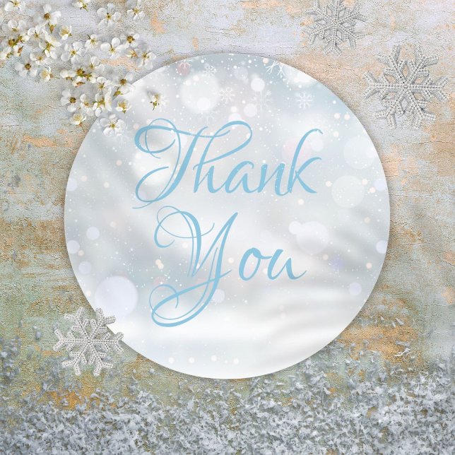 Sticker Rond Flocons de neige Hiver Élégant Script Merci (Snowflakes Winter Elegant Script Thank You Classic Round Sticker)