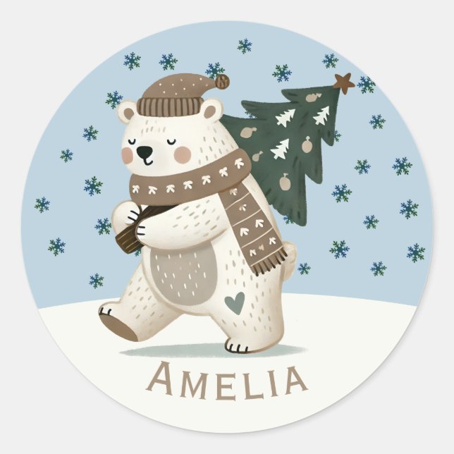 Sticker Rond Flocons de neige ourson dessin nom Noël (Devant)
