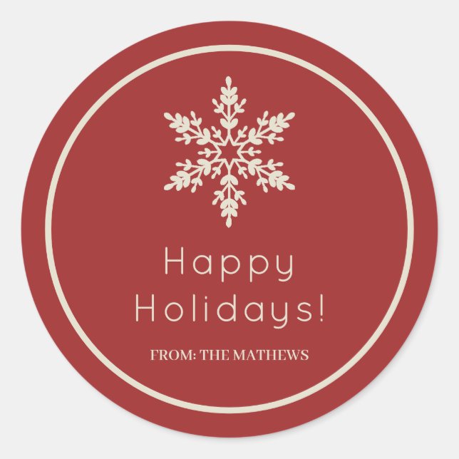 Sticker Rond Flocons de neige rouges et crème Joyeuses Fêtes de (Devant)