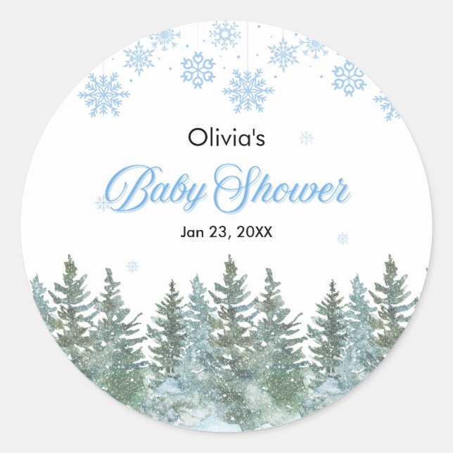 Sticker Rond Flocons de neige Sapins Bébé Hiver Shower  (Devant)