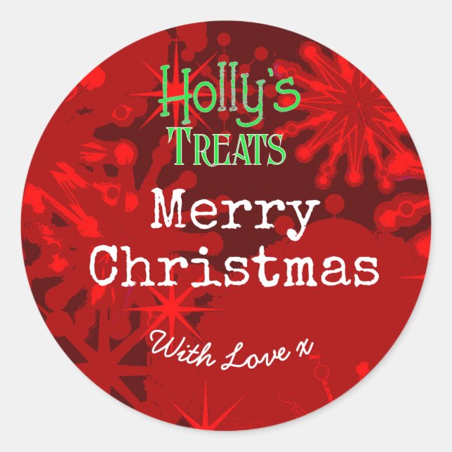 Sticker Rond Flocons de Noël joyeux Noël rouge label (Devant)