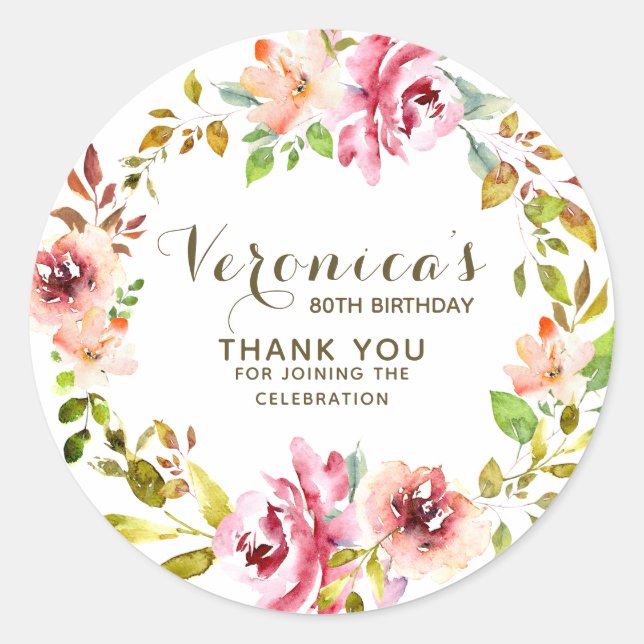 Sticker Rond Floral | 80e anniversaire Merci vert| (Devant)