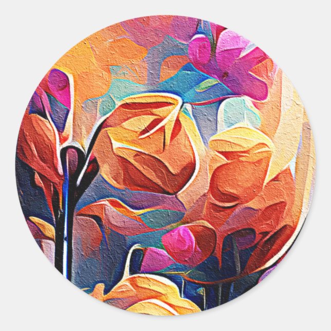 Sticker Rond Floral Abstract Art Orange Red Blue Flowers (Devant)