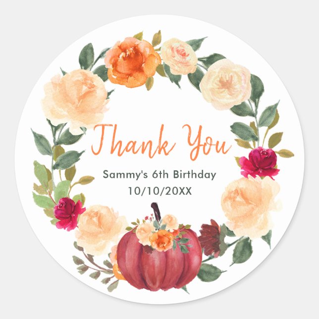 Sticker Rond Floral Automne Citrouille Anniversaire Merci de fê (Devant)