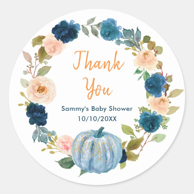 Sticker Rond Floral Baby Blue Baby shower Citrouille Merci (Devant)