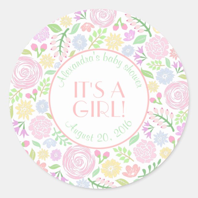 Sticker rond floral baby shower, brillant (Devant)