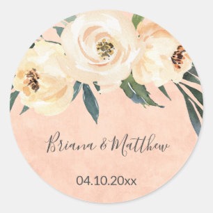 Sticker Rond Floral Beige Blush Pêche Mariage Faveurs Classique