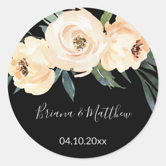 Sticker Rond Floral Beige Noir Aquarelle Mariage Faveurs (Devant)