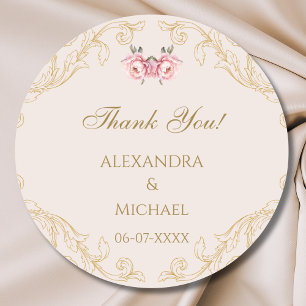 Sticker Rond Floral beige Vintage Merci Mariage baroque