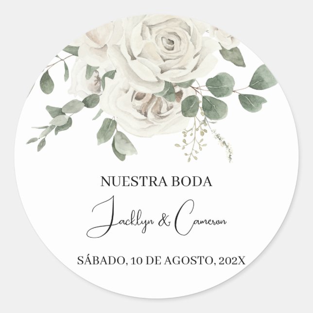 Sticker Rond Floral blanc Faire-part de mariage espagnol (Devant)