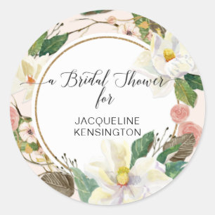 Sticker Rond Floral blanc Magnolia Aquarelle Feuillage Or rose