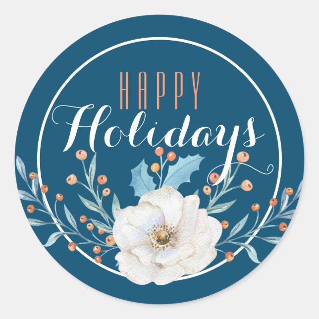 Sticker Rond Floral Bleu & Blanc Joyeux Vacances / Bleu (Devant)