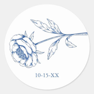 Sticker Rond Floral bleu chic avec date Mariage
