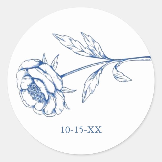 Sticker Rond Floral bleu chic avec date Mariage (Devant)