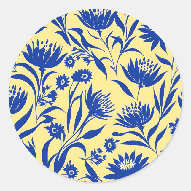 Sticker Rond Floral Bleu De Cornflower Moderne Sur Jaune (Devant)