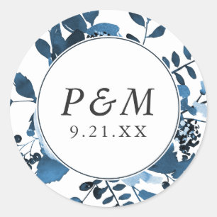 Sticker Rond Floral bleu et blanc avec Mariage Monogramme