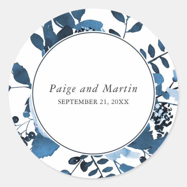 Sticker Rond Floral bleu et blanc Enregistrer le Mariage date (Devant)