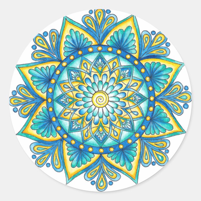 Sticker Rond Floral bleu Mandala Jaune Turquoise (Devant)