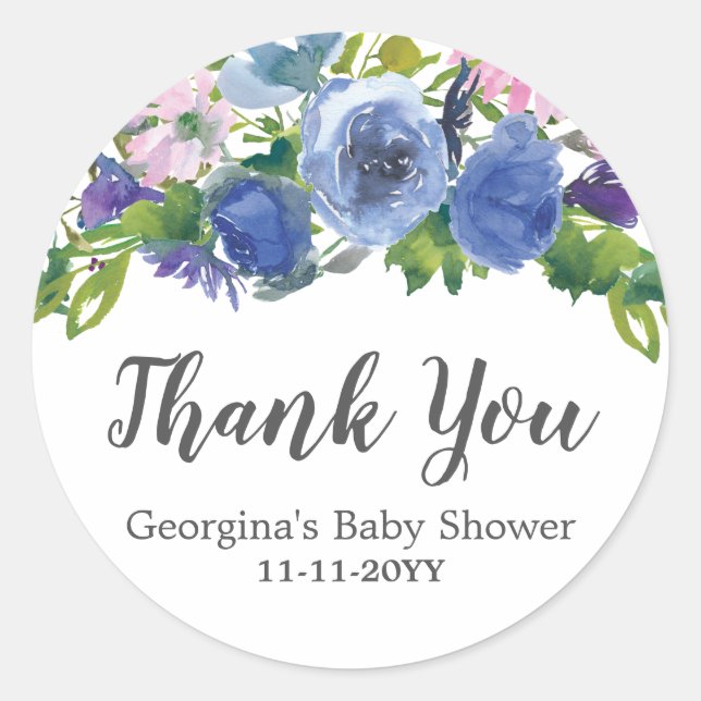 Sticker Rond Floral bleu violet Merci rose Baby shower (Devant)