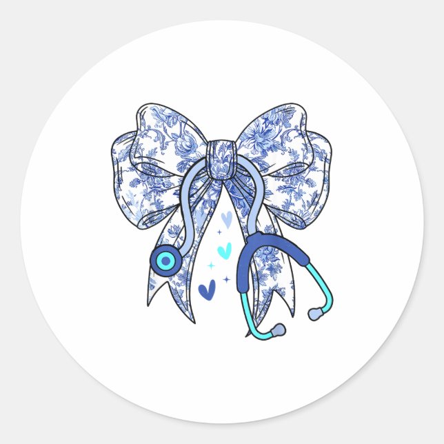 Sticker Rond Floral Blue Coquette Bow Nurse Stethoscope Medical (Devant)