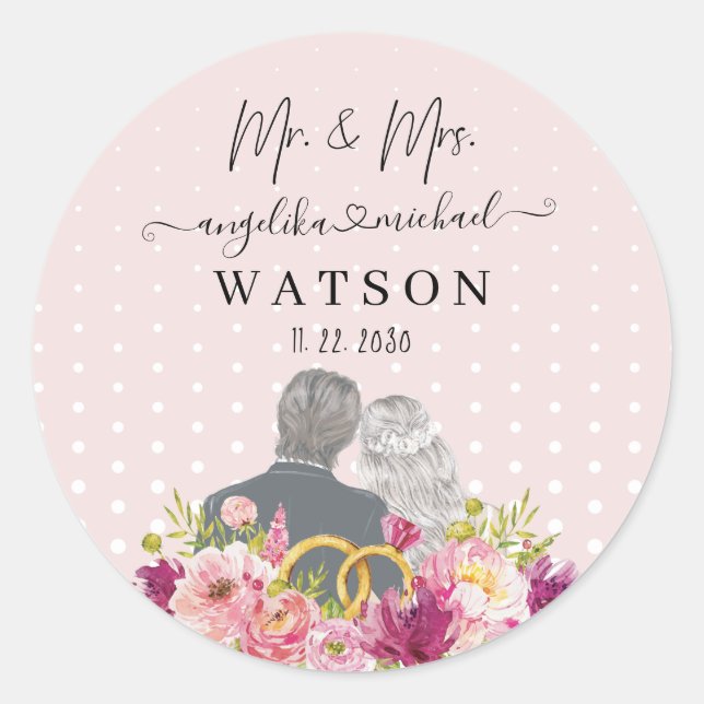 Sticker Rond Floral Blush Peonies Script tendance Mr et Mrs. (Devant)