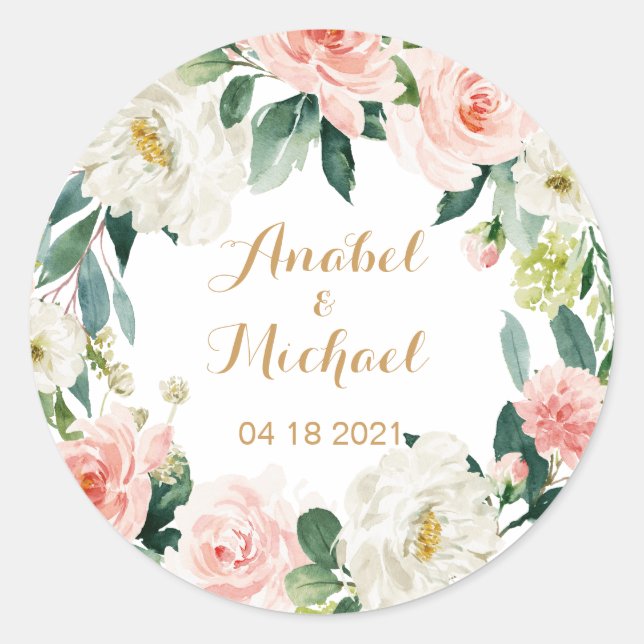 Sticker Rond Floral Blush Romantic Personnalisé (Devant)
