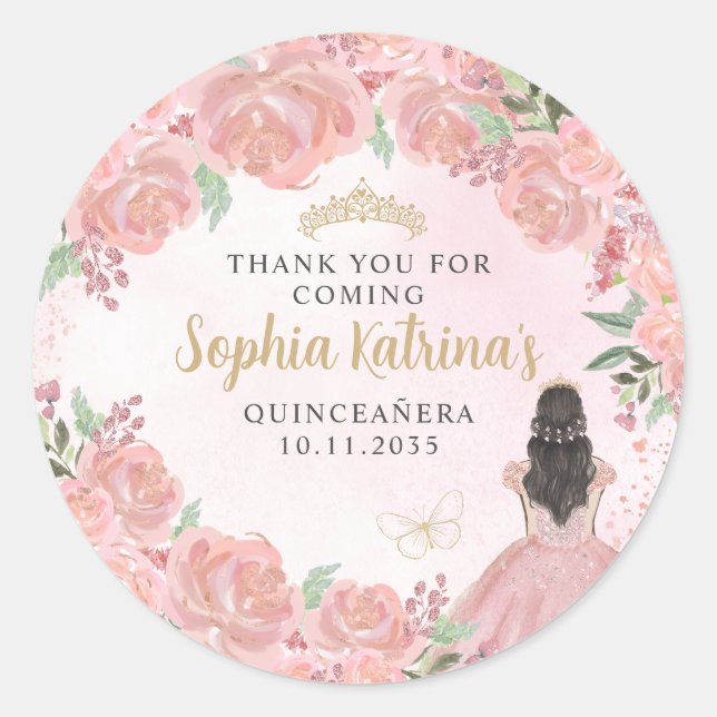Sticker Rond Floral Blush Rose or Quinceanera Anniversaire Favo (Devant)