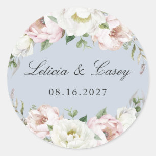 Sticker Rond Floral Blush White Peony Dusty Blue Mariage