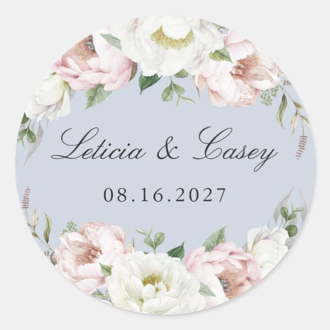 Sticker Rond Floral Blush White Peony Dusty Blue Mariage (Devant)