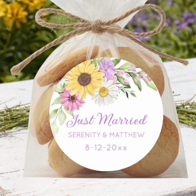 Sticker Rond Floral Boho Sunflower Daisy Wedding Just Married (Créateur téléchargé)