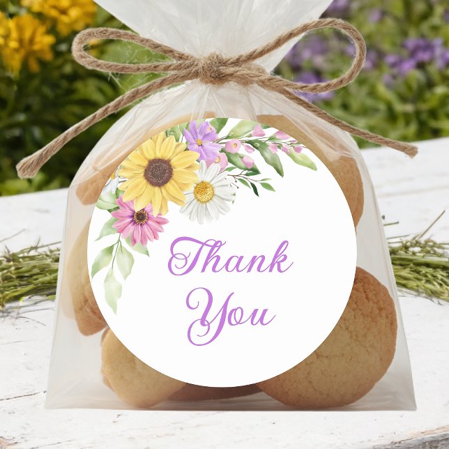 Sticker Rond Floral Boho Sunflower Daisy Wedding Thank You (Créateur téléchargé)