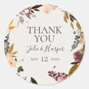 Sticker Rond Floral Bourgogne   Faveur de mariage Merci beige