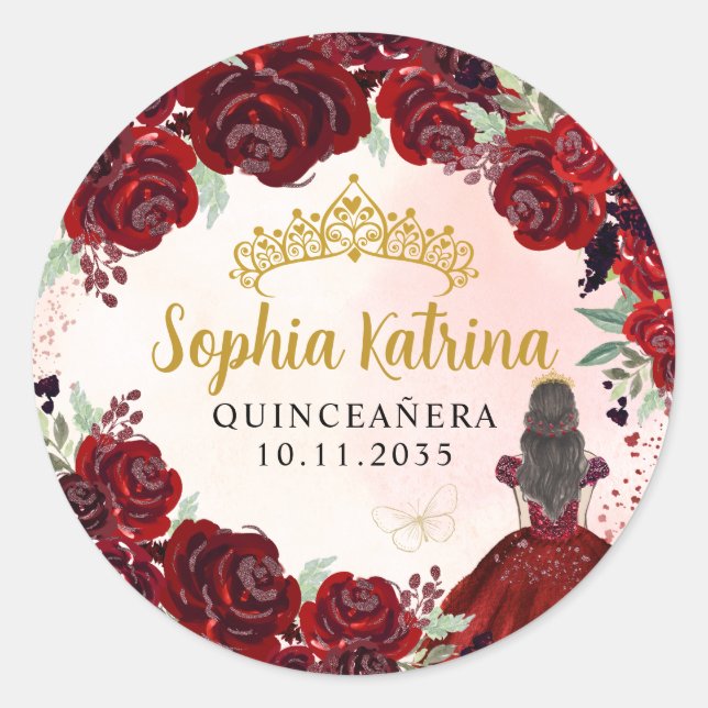 Sticker Rond Floral Bourgogne Gold Quinceanera Anniversaire Fav (Devant)