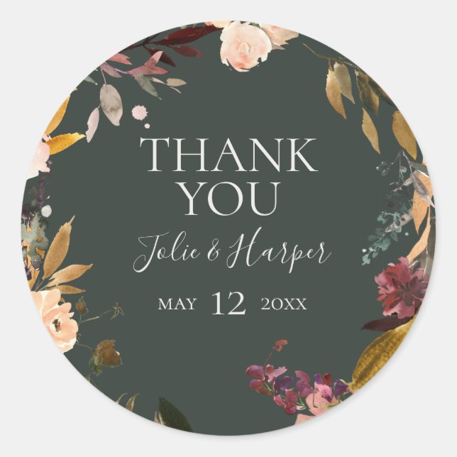 Sticker Rond Floral Bourgogne | Green Merci Wedding Favor (Devant)