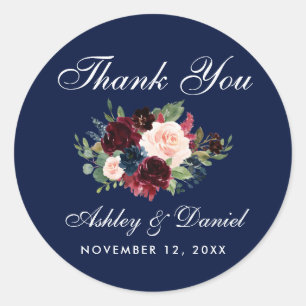 Sticker Rond Floral Bourgogne Mariage bleu Merci