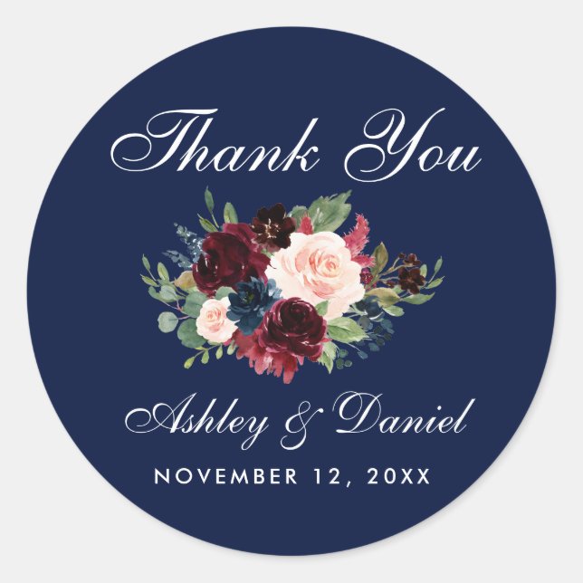Sticker Rond Floral Bourgogne Mariage bleu Merci (Devant)