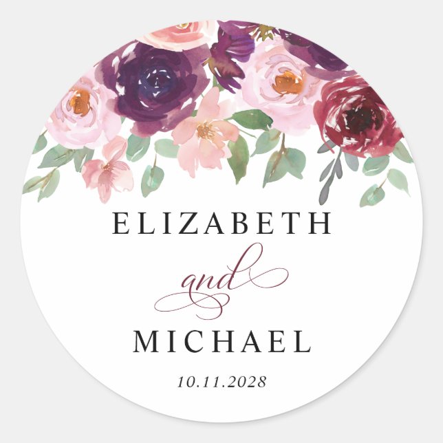 Sticker Rond Floral Bourgogne Rouge Blush Plum Mariage d'aquare (Devant)