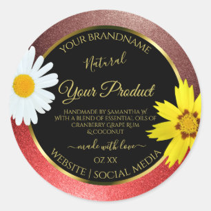 Sticker Rond Floral Bourgogne rouge Parties scintillant noir Ét